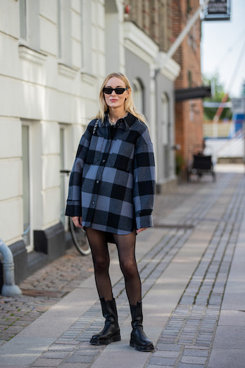 @mariehindkaer on the streets of copenhagen. She is wearing CPH1000 vitello black/clear, tights, a shirt blouse with checkered pattern and cool black sunglasses.