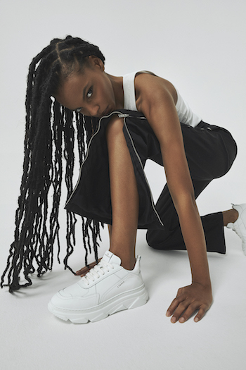 From the editorial shooting in Berlin with Lina Tesch. The model Najiyah Imani is wearing the classic model CPh40 in vitello white and a nylon pants with zipper.