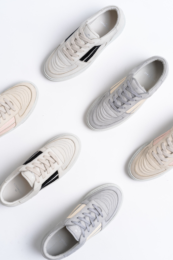 The sporty sneaker from Copenhagen Studios - CPH687 leather mix. 3 different color versions are on a white underground. Photo is made from an aerial perspective.