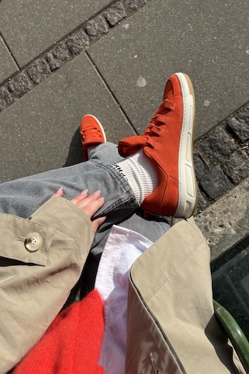 Danish Creator Maria Jonsson showing details of the CPH213 suede royal red with our CPH Socks 1  cotton blend white.