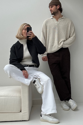 The image shows Isabelle Hartmann & Felix Hartmann posing together in their CPH255 leather mix white/black styles.