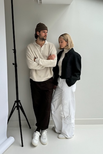 The images also shows Isabelle Hartmann & Felix Hartmann posing together in their CPH255 leather mix white/black shoes