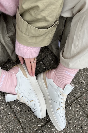 Danish Creator Maria Jonsson showing details of the CPH76 leather mix white/rose with our CPH Socks 1  cotton blend light rose. 