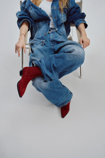 Toni Garrn wearing the "CPH284 x Toni Garrn suede bordeaux" to an all jeans outfit and white tank top.