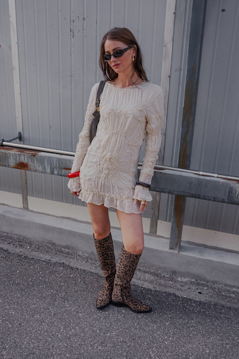 Content creator wearing our newest style "CPH323 suede leo" to the fashion show. 