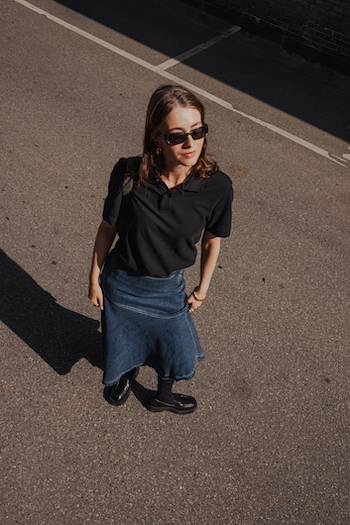Spotted at CPHFW our CPH1012 brushed leather black combined to a jeans skirt and Polo shirt.