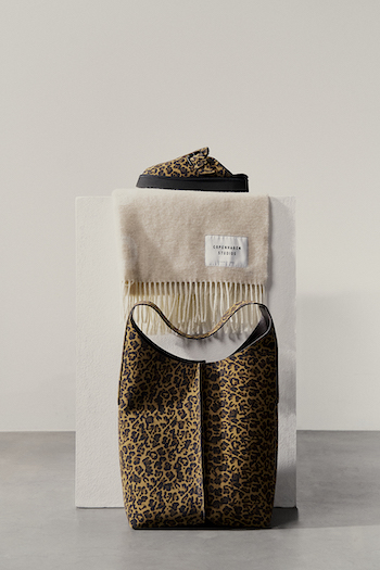 This image shows the CPH Bag 1 crosta leo, the CPH279 suede Leo and the CPH Shawl 1 wool mix beige. 
